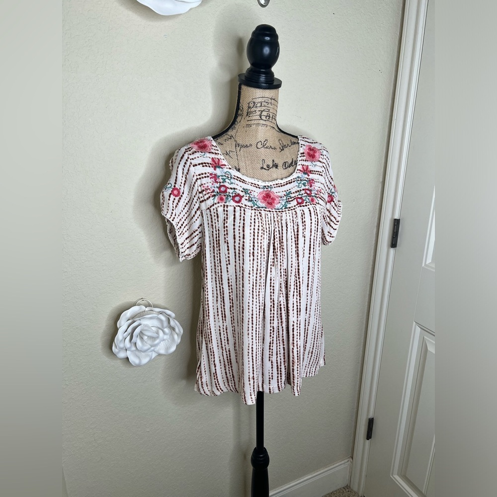 NTM: Savanna Jane Dot Striped Floral Embroidered Peasant Blouse Sz Large - Picture 6 of 15